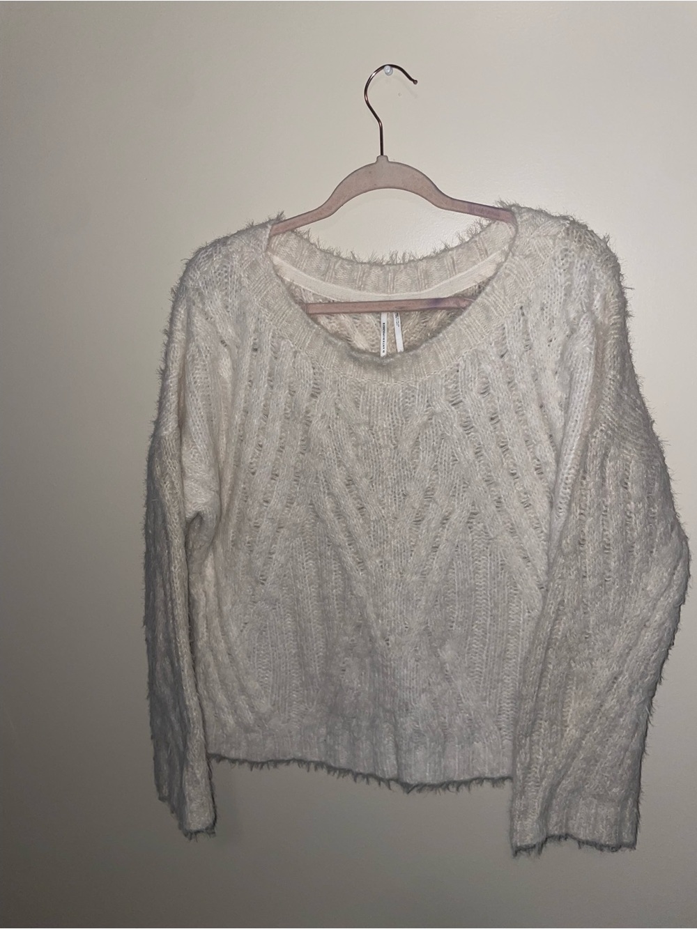 Anthropologie Cream Fuzzy Cable Knit Crewneck Sweater